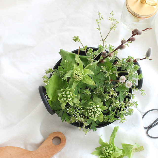 [カジュアルフラワー]　鉄鍋を使ってふきのとうをアレンジ　雑草と呼ばれる草花で