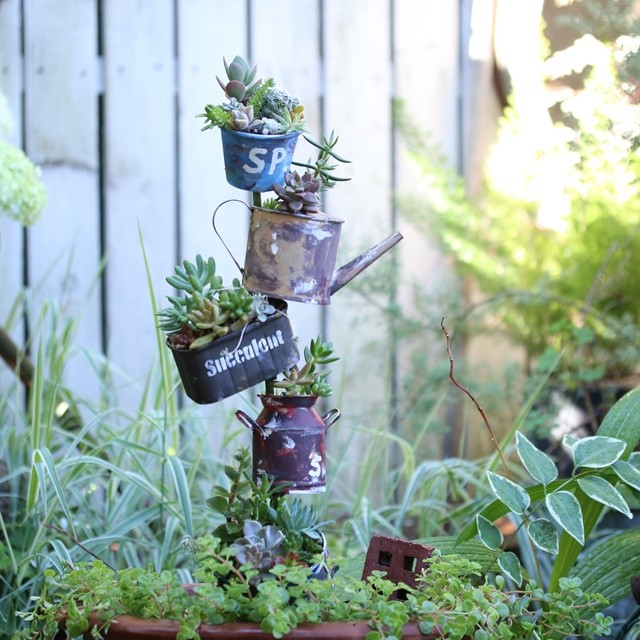 海外で人気の多肉植物のタワーを100均のブリキのポットでDIY♪