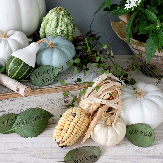 カボチャにペイント。ホワイト&グリーンで楽しむナチュラルシックな大人ハロウィン