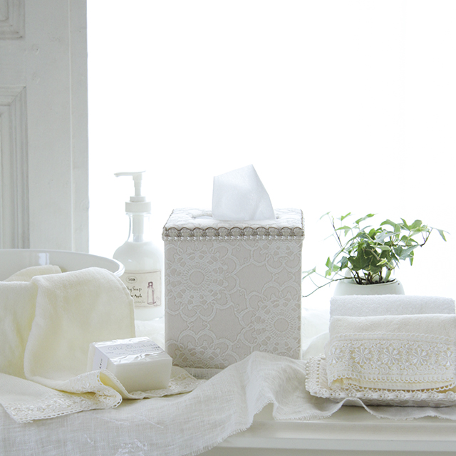 ホワイトエレガンスカルトナージュ～キューブ型ティッシュボックス＆引き出し付棚